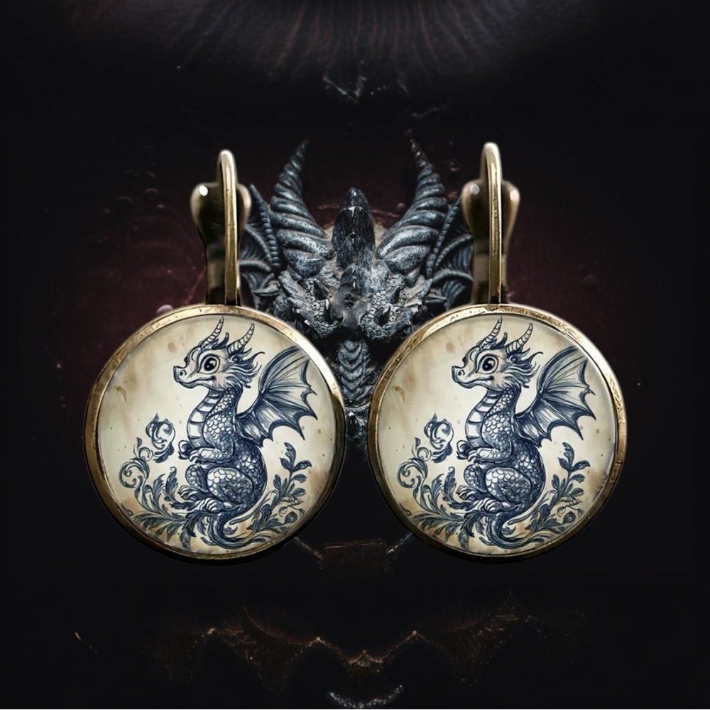 🆕 Baby Dragon - Lever-Back Earrings - Delft Color Motif - Gold Plated - Alloy 🐲